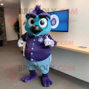 Purple Blue Jay mascot costume character dressed with a Button-Up Shirt and Smartwatches