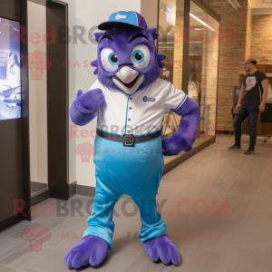Purple Blue Jay mascot costume character dressed with a Button-Up Shirt and Smartwatches