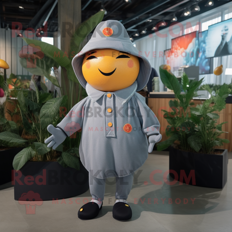 Gray Grapefruit mascot costume character dressed with a Rash Guard and Berets