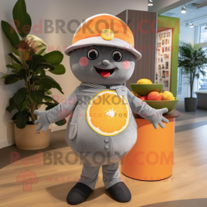 Gray Grapefruit mascot costume character dressed with a Rash Guard and Berets