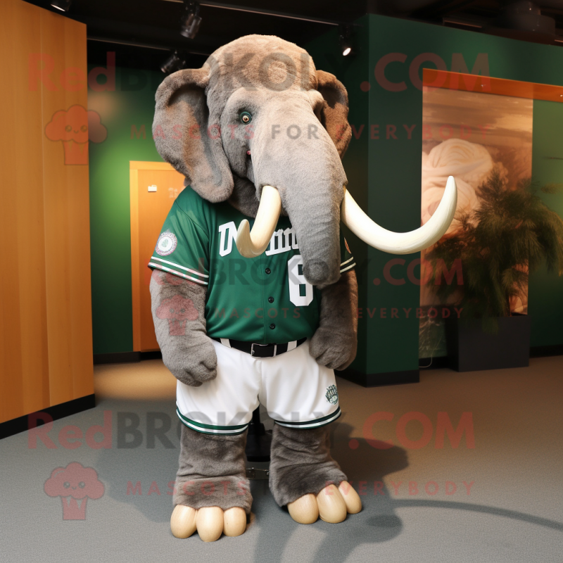 Forest Green Mammoth mascot costume character dressed with a Baseball Tee and Backpacks