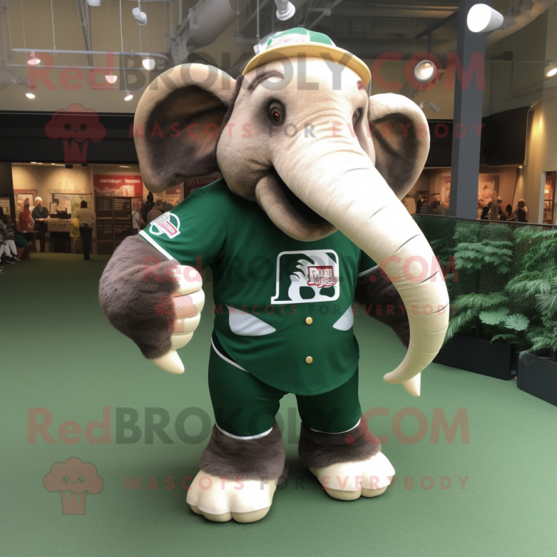 Forest Green Mammoth mascot costume character dressed with a Baseball Tee and Backpacks