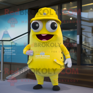 Lemon Yellow Cod mascot costume character dressed with a One-Piece Swimsuit and Cufflinks