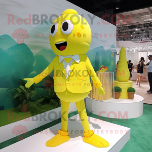 Lemon Yellow Cod mascot costume character dressed with a One-Piece Swimsuit and Cufflinks