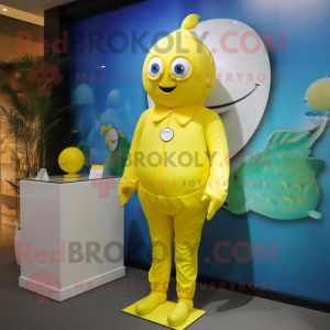 Lemon Yellow Cod mascot costume character dressed with a One-Piece Swimsuit and Cufflinks