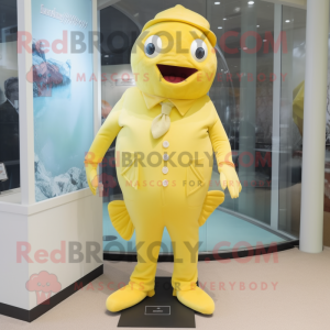 Lemon Yellow Cod mascot costume character dressed with a One-Piece Swimsuit and Cufflinks