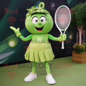 Olive Tennis Racket mascot costume character dressed with a Mini Dress and Bracelet watches