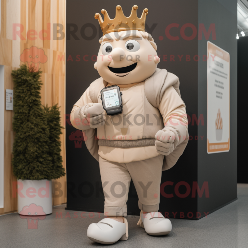 Beige King mascot costume character dressed with a Joggers and Smartwatches