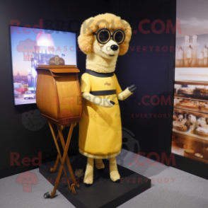 Gold Shepard'S Pie mascot costume character dressed with a Sheath Dress and Eyeglasses