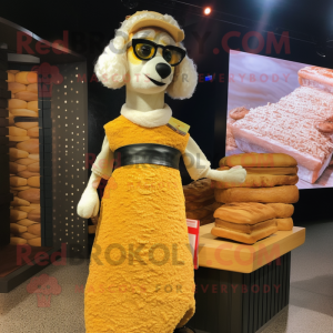 Gold Shepard'S Pie mascot costume character dressed with a Sheath Dress and Eyeglasses