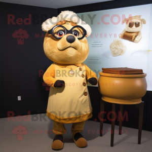 Gold Shepard'S Pie mascot costume character dressed with a Sheath Dress and Eyeglasses