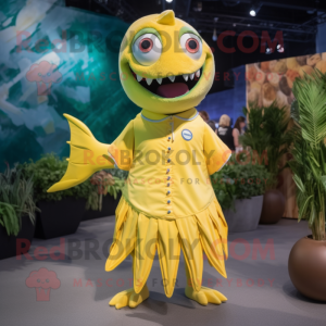 Lemon Yellow Barracuda mascot costume character dressed with a Maxi Dress and Lapel pins