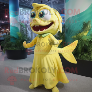 Lemon Yellow Barracuda mascot costume character dressed with a Maxi Dress and Lapel pins