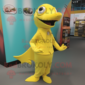 Lemon Yellow Barracuda mascot costume character dressed with a Maxi Dress and Lapel pins