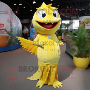 Lemon Yellow Barracuda mascot costume character dressed with a Maxi Dress and Lapel pins