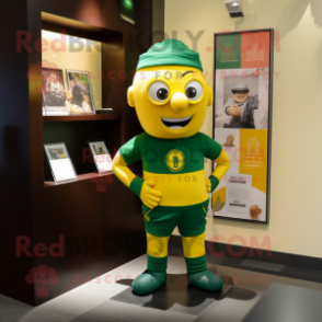 Lemon Yellow Irish Flag mascot costume character dressed with a Sweater and Suspenders