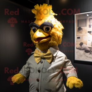 Gold Chicken mascot costume character dressed with a Button-Up Shirt and Bow ties