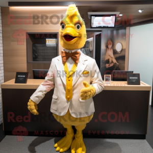 Gold Chicken mascot costume character dressed with a Button-Up Shirt and Bow ties