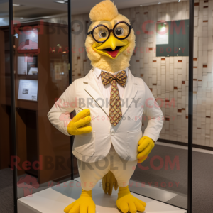 Gold Chicken mascot costume character dressed with a Button-Up Shirt and Bow ties