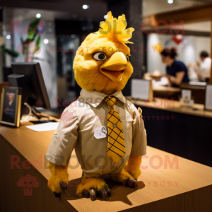 Gold Chicken mascot costume character dressed with a Button-Up Shirt and Bow ties