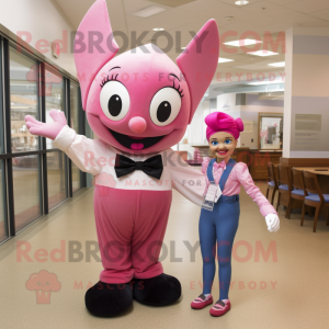 Pink Acrobat mascot costume character dressed with a Mom Jeans and Bow ties