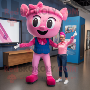 Pink Acrobat mascot costume character dressed with a Mom Jeans and Bow ties