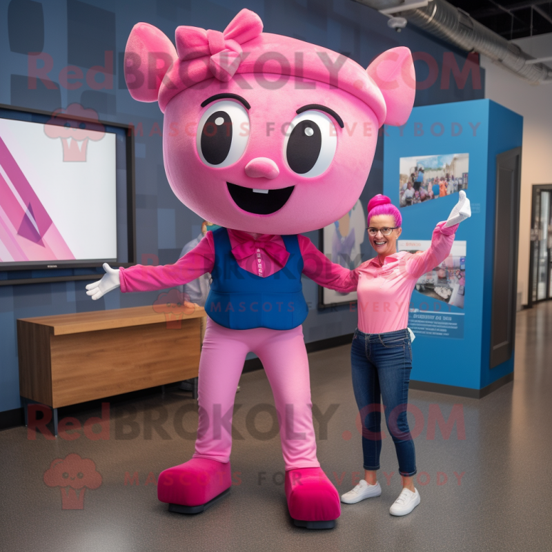 Pink Acrobat mascot costume character dressed with a Mom Jeans and Bow ties Pink Acrobat mascot costume character dressed with a Mom Jeans and Bow ties