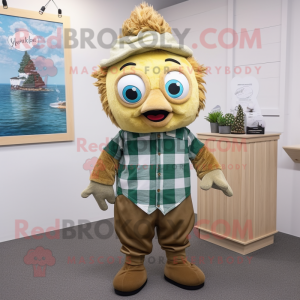 Olive Fish And Chips mascot costume character dressed with a Flannel Shirt and Hair clips
