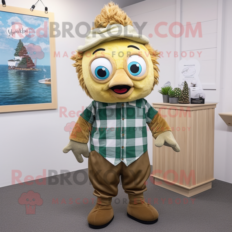 Olive Fish And Chips mascot costume character dressed with a Flannel Shirt and Hair clips