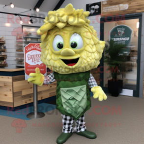 Olive Fish And Chips mascot costume character dressed with a Flannel Shirt and Hair clips