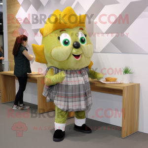 Olive Fish And Chips mascot costume character dressed with a Flannel Shirt and Hair clips