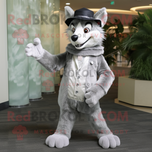 Silver Dingo mascot costume character dressed with a Dress Pants and Hats