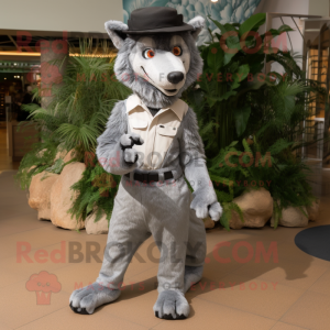 Silver Dingo mascot costume character dressed with a Dress Pants and Hats