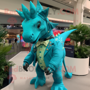 Turquoise Triceratops mascot costume character dressed with a Swimwear and Lapel pins