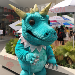 Turquoise Triceratops mascot costume character dressed with a Swimwear and Lapel pins