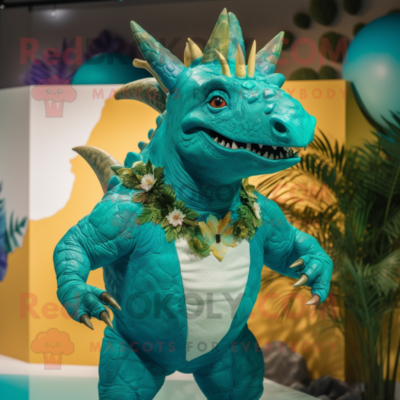 Turquoise Triceratops mascot costume character dressed with a Swimwear and Lapel pins