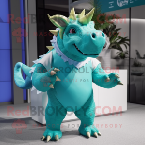 Turquoise Triceratops mascot costume character dressed with a Swimwear and Lapel pins