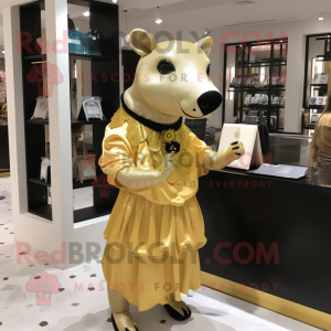 Gold Tapir mascot costume character dressed with a Mini Dress and Messenger bags