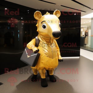 Gold Tapir mascot costume character dressed with a Mini Dress and Messenger bags