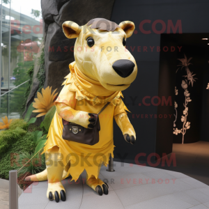 Gold Tapir mascot costume character dressed with a Mini Dress and Messenger bags