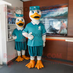 Teal Goose mascot costume character dressed with a Polo Tee and Brooches