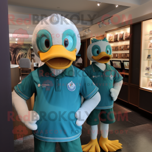 Teal Goose mascot costume character dressed with a Polo Tee and Brooches