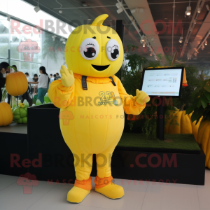 Lemon Yellow Pumpkin mascot costume character dressed with a Jumpsuit and Digital watches