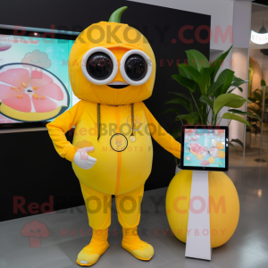 Lemon Yellow Pumpkin mascot costume character dressed with a Jumpsuit and Digital watches