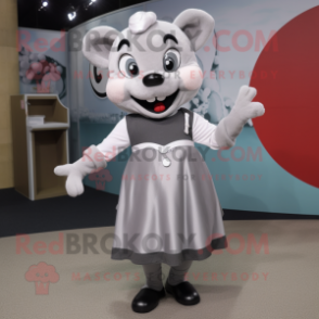 Silver But mascot costume character dressed with a Skirt and Suspenders
