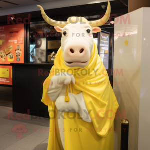 Lemon Yellow Hereford Cow mascot costume character dressed with a Wrap Dress and Shawl pins