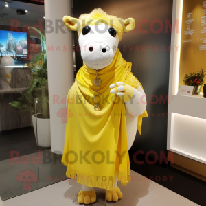 Lemon Yellow Hereford Cow mascot costume character dressed with a Wrap Dress and Shawl pins