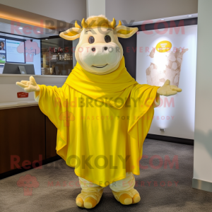 Lemon Yellow Hereford Cow mascot costume character dressed with a Wrap Dress and Shawl pins