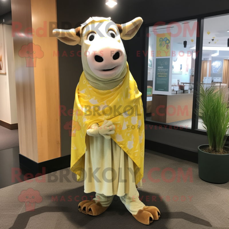 Lemon Yellow Hereford Cow mascot costume character dressed with a Wrap Dress and Shawl pins