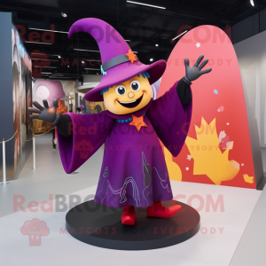 Magenta Witch'S Hat mascot costume character dressed with a Leggings and Hairpins